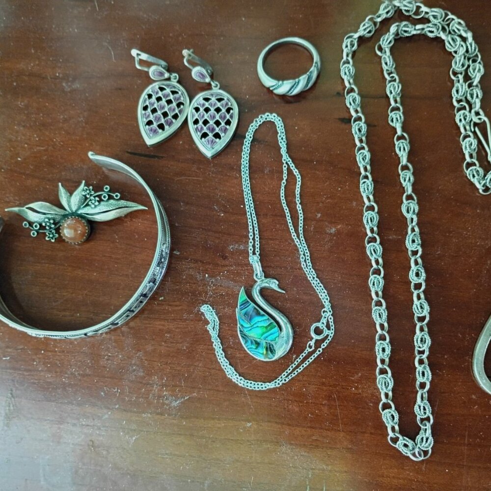 Vintage all marked sterling silver necklace ring brooch earrings lot 2.5 Oz